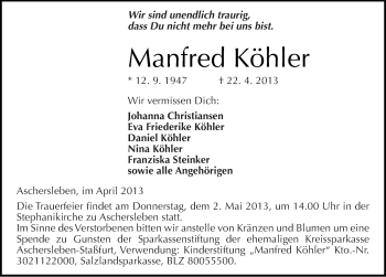 Traueranzeige von Manfred Köhler von Mitteldeutsche Zeitung Aschersleben