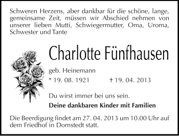 Traueranzeige von Charlotte Fünfhausen von Mitteldeutsche Zeitung Halle/Saalkreis