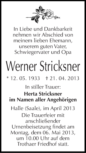 Traueranzeige von Werner Stricksner von Mitteldeutsche Zeitung Halle/Saalkreis