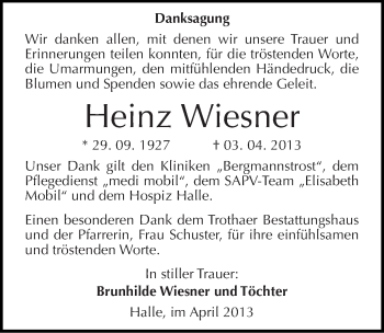 Traueranzeige von Heinz Wiesner von Mitteldeutsche Zeitung Halle/Saalkreis