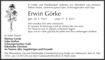 Traueranzeige von Erwin Görke von Mitteldeutsche Zeitung Halle/Saalkreis