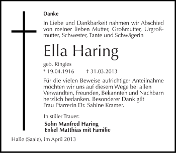 Traueranzeige von Ella Haring von Mitteldeutsche Zeitung Halle/Saalkreis