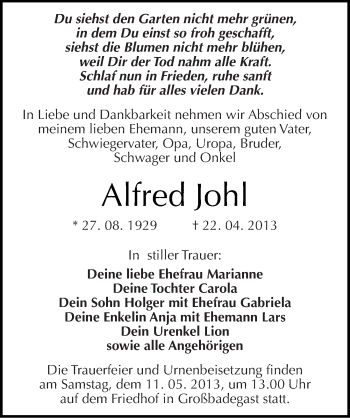 Traueranzeige von Alfred Johl von Mitteldeutsche Zeitung Köthen