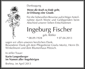Traueranzeige von Ingeburg Fischer von Mitteldeutsche Zeitung Bitterfeld