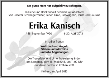 Traueranzeige von Erika Kanisch von Mitteldeutsche Zeitung Köthen