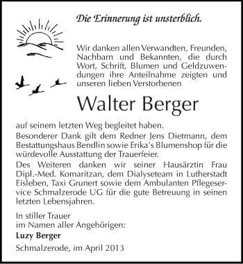 Traueranzeige von Walter Berger von Mitteldeutsche Zeitung Aschersleben