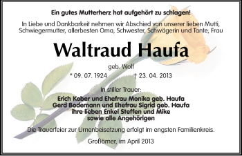 Traueranzeige von Waltraud Haufa von Mitteldeutsche Zeitung Aschersleben