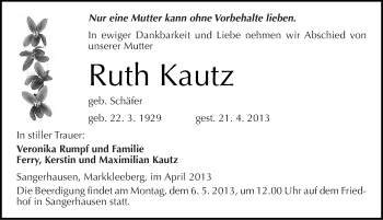 Traueranzeige von Ruth Kautz von Mitteldeutsche Zeitung Sangerhausen