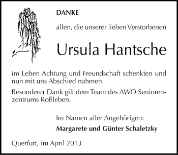 Traueranzeige von Ursula Hantsche von Mitteldeutsche Zeitung Merseburg/Querfurt