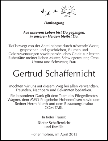 Traueranzeige von Gertrud Schaffernicht von Mitteldeutsche Zeitung Weißenfels