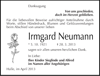 Traueranzeige von Irmgard Neumann von Mitteldeutsche Zeitung Halle/Saalkreis