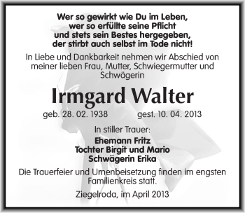 Traueranzeige von Irmgard Walter von Mitteldeutsche Zeitung Merseburg/Querfurt