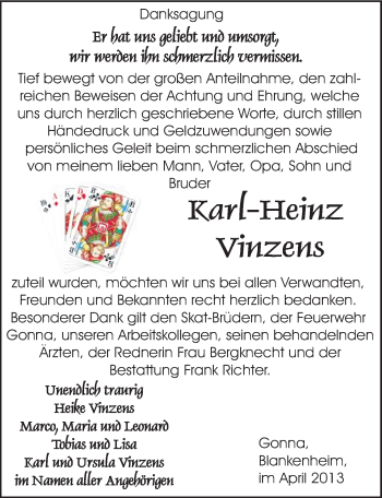 Traueranzeige von Karl-Heinz Vinzens von Mitteldeutsche Zeitung Sangerhausen