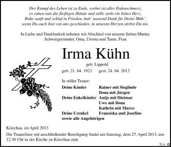 Traueranzeige von Irma Kühn von Mitteldeutsche Zeitung Weißenfels