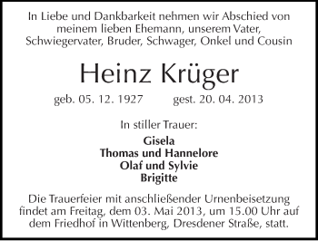 Traueranzeige von Heinz Krüger von Mitteldeutsche Zeitung Wittenberg
