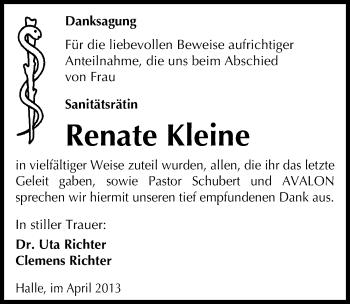 Traueranzeige von Renate Kleine von Mitteldeutsche Zeitung