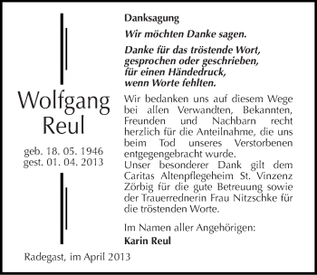 Traueranzeige von Wolfgang Reul von Mitteldeutsche Zeitung Köthen