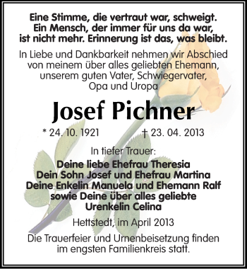 Traueranzeige von Josef Pichner von Mitteldeutsche Zeitung Aschersleben
