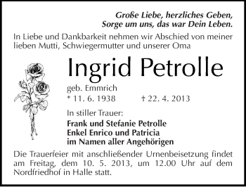 Traueranzeige von Ingrid Petrolle von Mitteldeutsche Zeitung Halle/Saalkreis