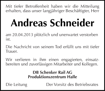 Traueranzeige von Andreas Schneider von Mitteldeutsche Zeitung Halle/Saalkreis