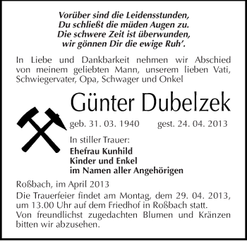 Traueranzeige von Günter Dubelzek von Mitteldeutsche Zeitung Merseburg/Querfurt