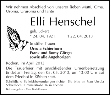 Traueranzeige von Elli Henschel von Mitteldeutsche Zeitung Köthen