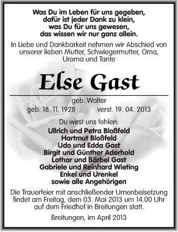 Traueranzeige von Else Gast von Mitteldeutsche Zeitung Sangerhausen