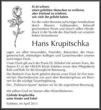 Traueranzeige von Hans Krupitschka von Mitteldeutsche Zeitung Aschersleben