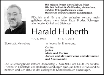 Traueranzeige von Harald Huberth von Mitteldeutsche Zeitung