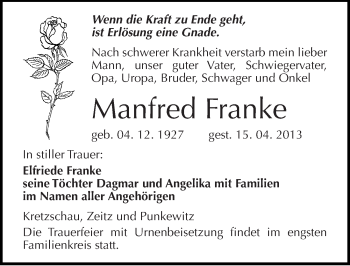 Traueranzeige von Manfred Franke von Mitteldeutsche Zeitung Zeitz