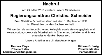 Traueranzeige von Christina Schneider von Mitteldeutsche Zeitung