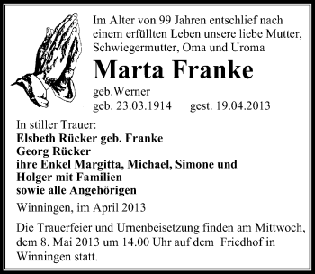 Traueranzeige von Marta Franke von Mitteldeutsche Zeitung Aschersleben