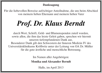 Traueranzeige von Klaus Berndt von Mitteldeutsche Zeitung Halle/Saalkreis