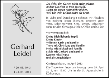 Traueranzeige von Gerhard Leidel von Mitteldeutsche Zeitung Köthen