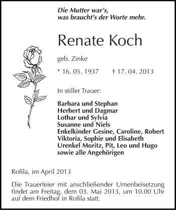 Traueranzeige von Renate Koch von Mitteldeutsche Zeitung Sangerhausen