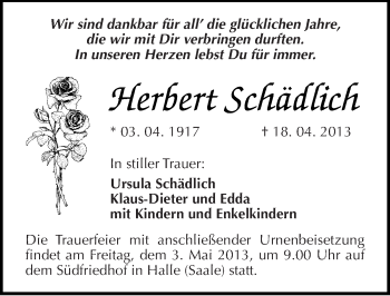 Traueranzeige von Herbert Schädlich von Mitteldeutsche Zeitung Halle/Saalkreis