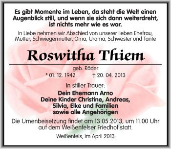 Traueranzeige von Roswitha Thiem von Mitteldeutsche Zeitung Weißenfels
