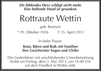 Traueranzeige von Rottraute Wettin von Mitteldeutsche Zeitung Halle/Saalkreis