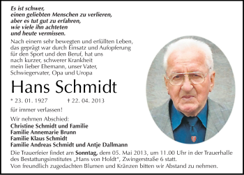 Traueranzeige von Hans Schmidt von Mitteldeutsche Zeitung Halle/Saalkreis