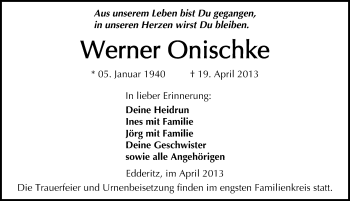 Traueranzeige von Werner Onischke von Mitteldeutsche Zeitung Köthen