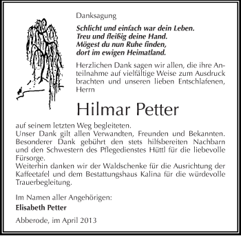 Traueranzeige von Hilmar Petter von Mitteldeutsche Zeitung Aschersleben