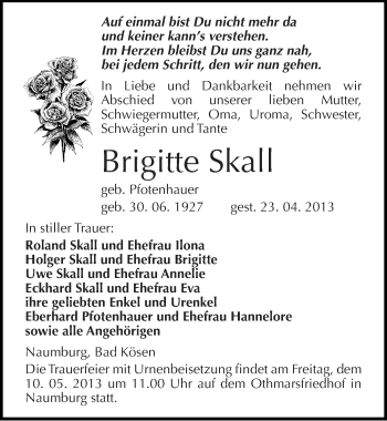 Traueranzeige von Brigitte Skall von Mitteldeutsche Zeitung Naumburg/Nebra