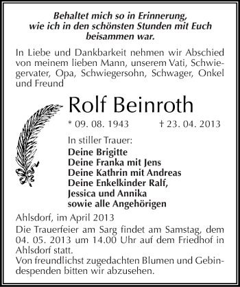 Traueranzeige von Rolf Beinroth von Mitteldeutsche Zeitung Aschersleben