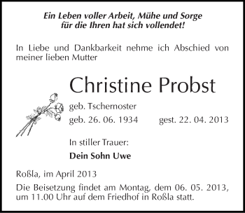 Traueranzeige von Christine Probst von Mitteldeutsche Zeitung Sangerhausen