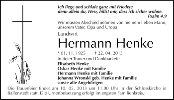 Traueranzeige von Hermann Henke von Mitteldeutsche Zeitung Quedlinburg