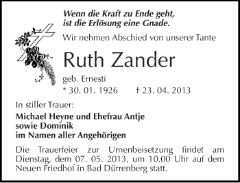 Traueranzeige von Ruth Zander von Mitteldeutsche Zeitung Merseburg/Querfurt