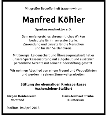 Traueranzeige von Manfred Köhler von Mitteldeutsche Zeitung Aschersleben