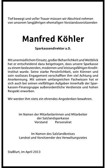 Traueranzeige von Manfred Köhler von Mitteldeutsche Zeitung