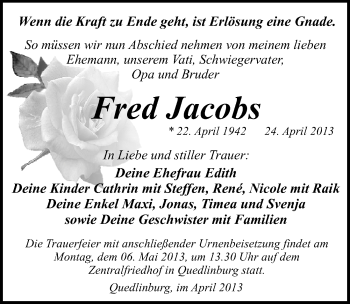 Traueranzeige von Fred Jacobs von Mitteldeutsche Zeitung Quedlinburg