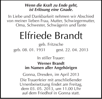 Traueranzeige von Elfriede Brandt von Mitteldeutsche Zeitung Sangerhausen